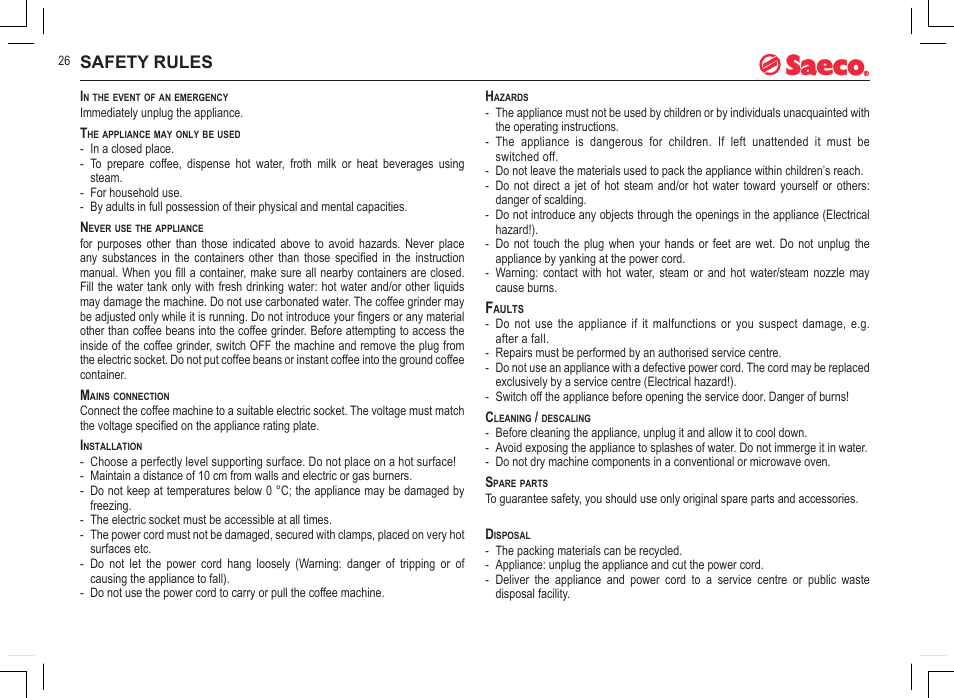 Safety rules | Philips Saeco INCANTO SIRIUS SUP021YADR User Manual | Page 4 / 24