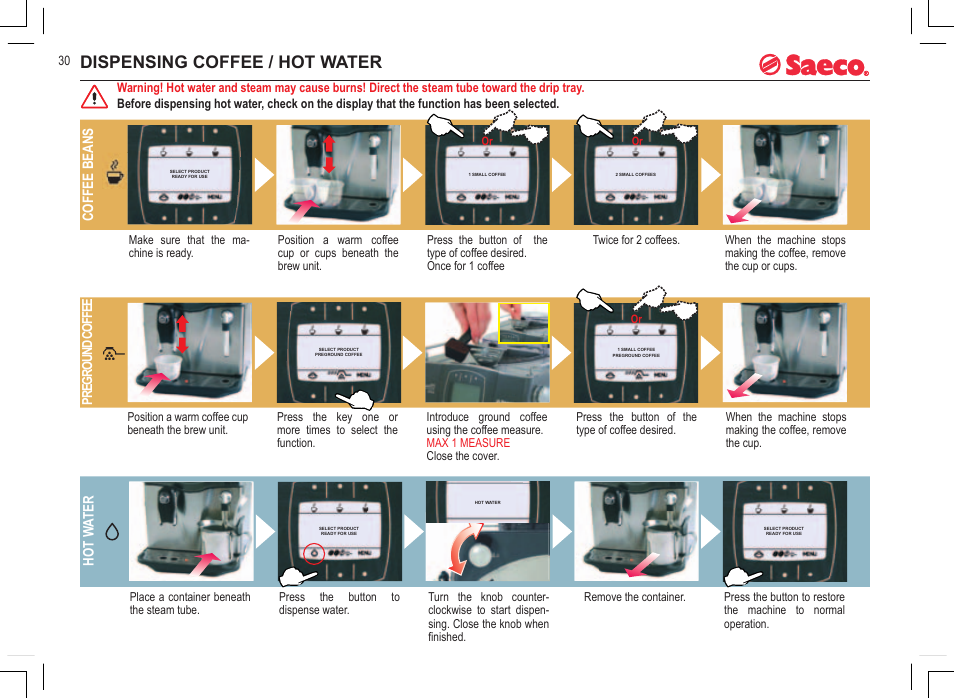 Dispensing coffee / hot water | Philips Saeco INCANTO SIRIUS SUP021YADR User Manual | Page 8 / 24