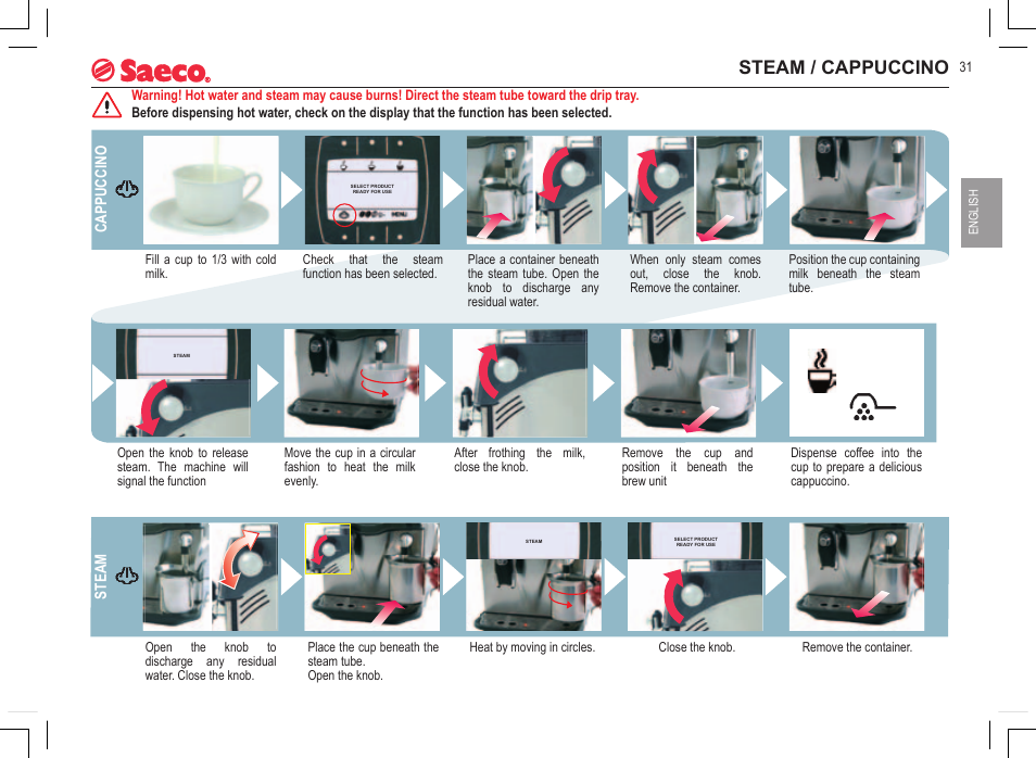 Steam / cappuccino | Philips Saeco INCANTO SIRIUS SUP021YADR User Manual | Page 9 / 24