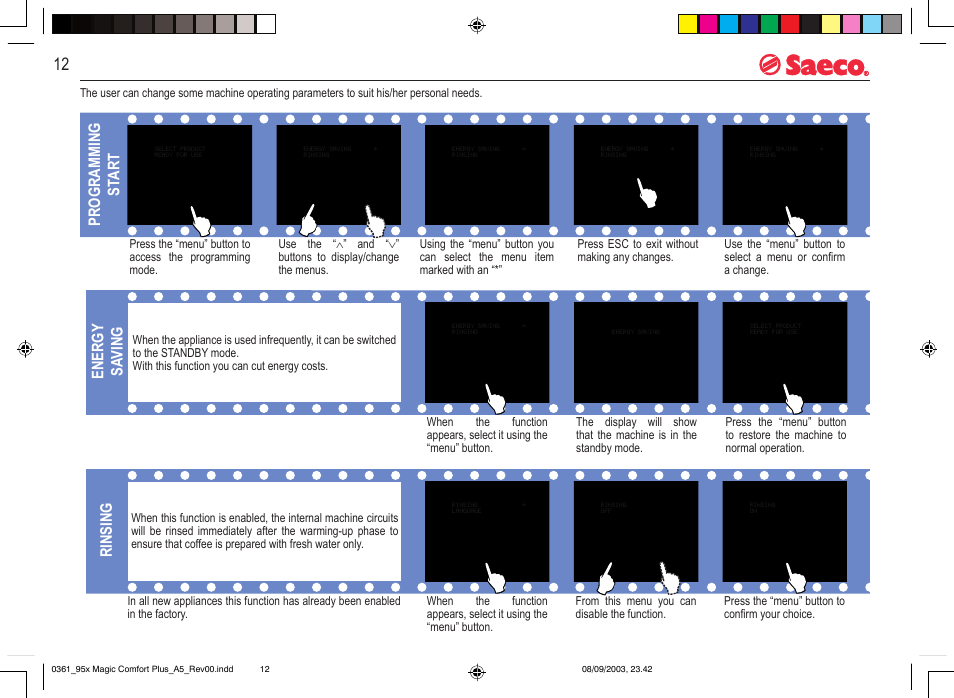 Programming machine functions, Programming st art, Energy sa ving | Rinsing | Philips Saeco Magic Comfort Plus User Manual | Page 12 / 20