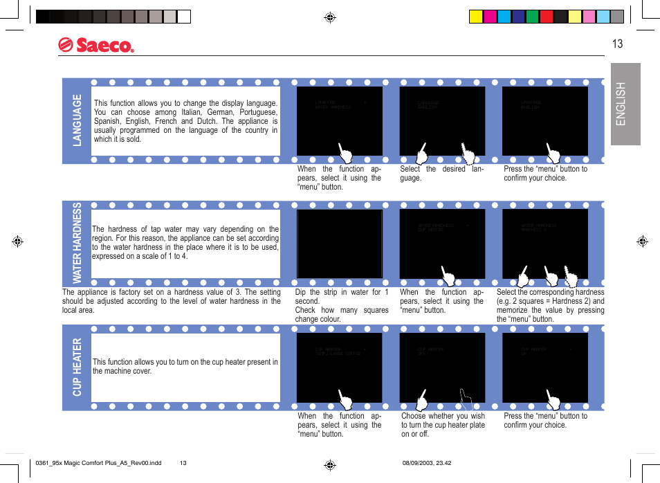 13 english programming machine functions, Language, Wat er h ar dn es s | Cup hea ter | Philips Saeco Magic Comfort Plus User Manual | Page 13 / 20