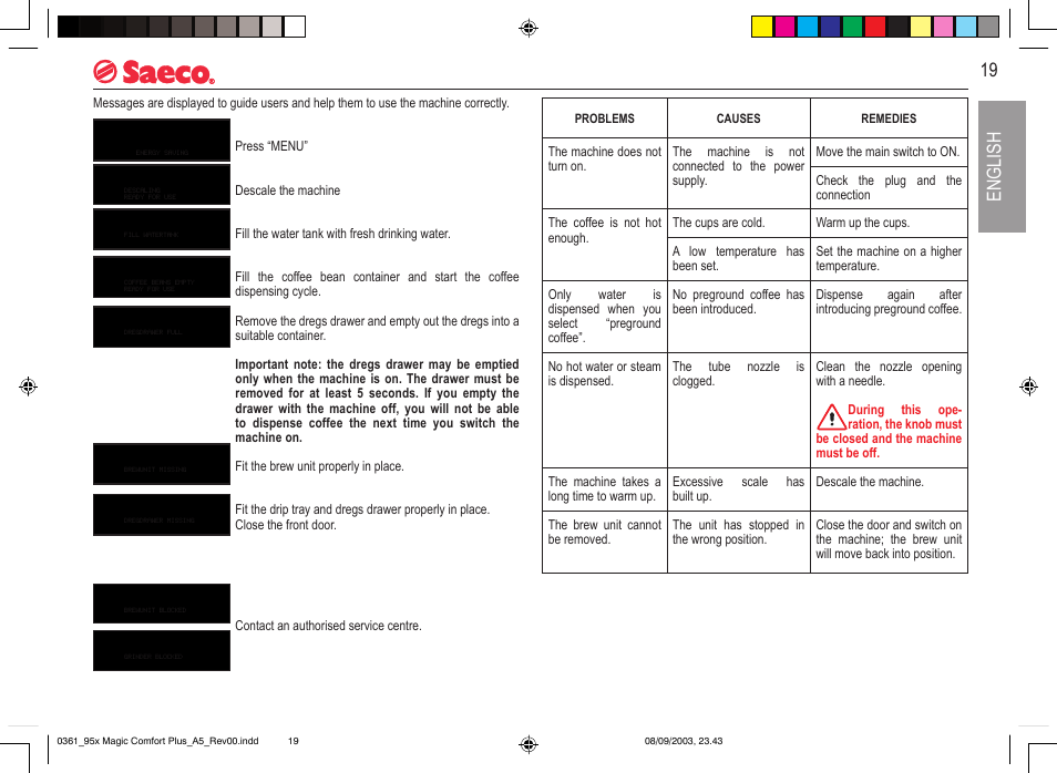 19 english, Display messages | Philips Saeco Magic Comfort Plus User Manual | Page 19 / 20