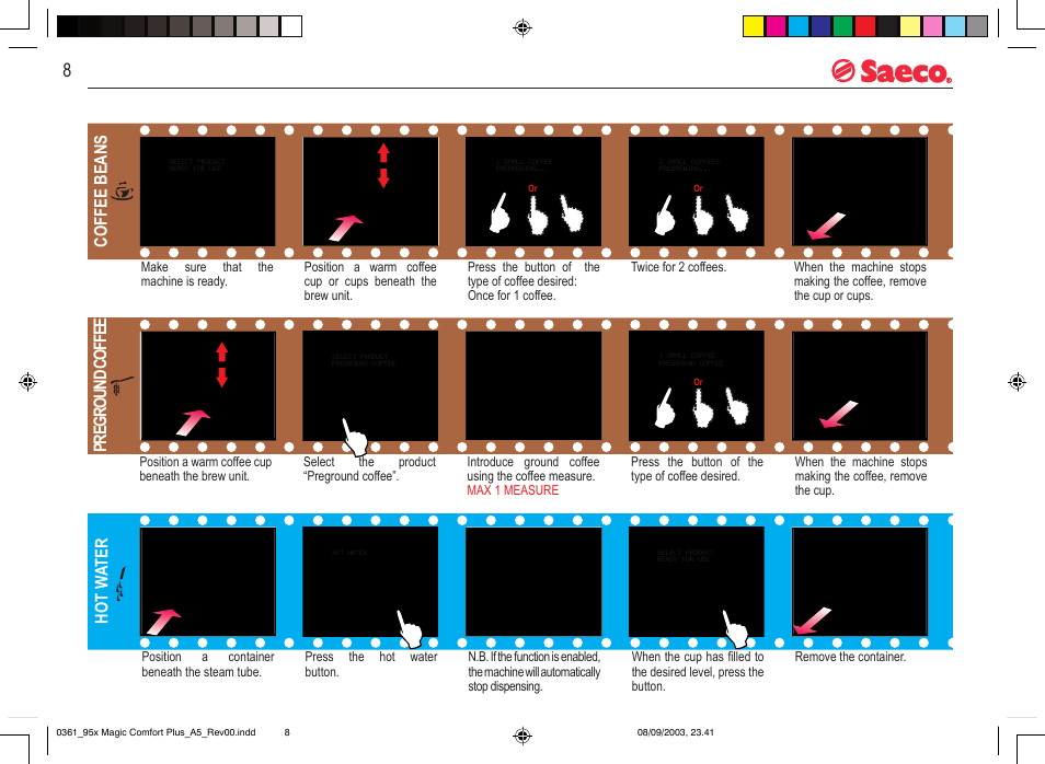 8 machine operation, Coffee beans, Pr eg ro un d co ff ee | Hot w ater | Philips Saeco Magic Comfort Plus User Manual | Page 8 / 20