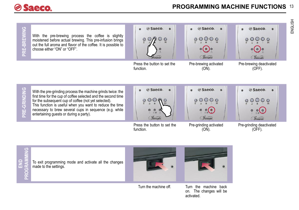 Programming machine functions | Philips Saeco INCANTO SUP021R User Manual | Page 13 / 16