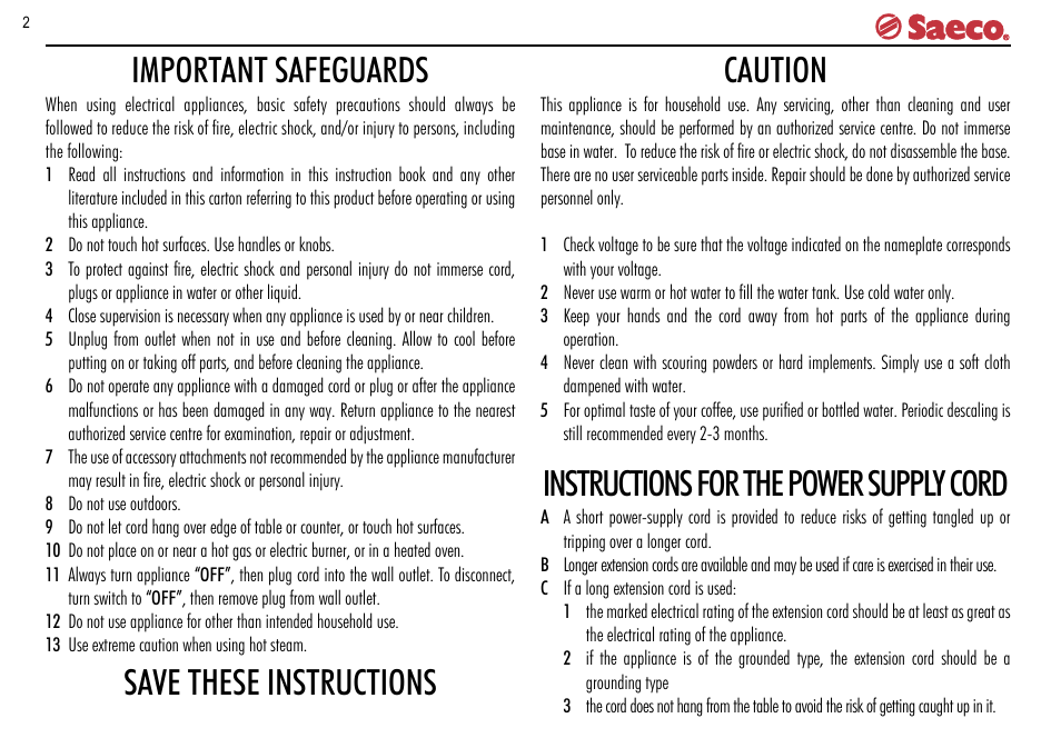 Important safeguards, Save these instructions caution, Instructions for the power supply cord | Philips Saeco INCANTO SUP021R User Manual | Page 2 / 16