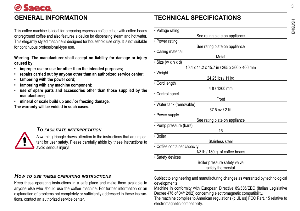 General information, Technical specifications | Philips Saeco INCANTO SUP021R User Manual | Page 3 / 16