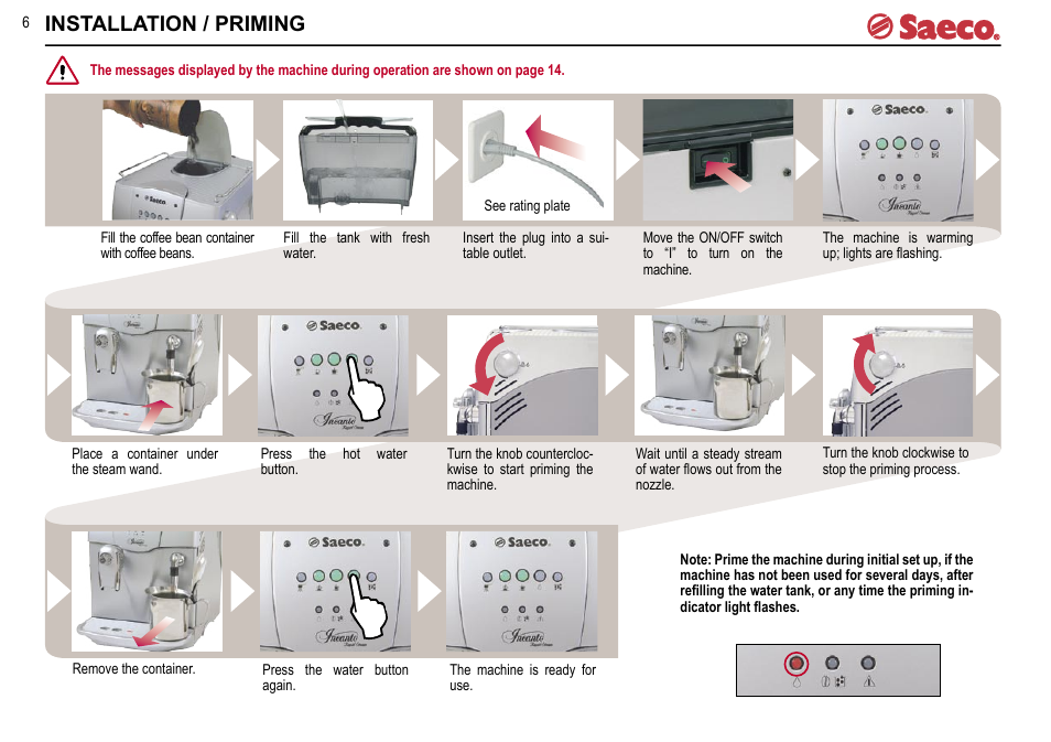 Installation / priming | Philips Saeco INCANTO SUP021R User Manual | Page 6 / 16