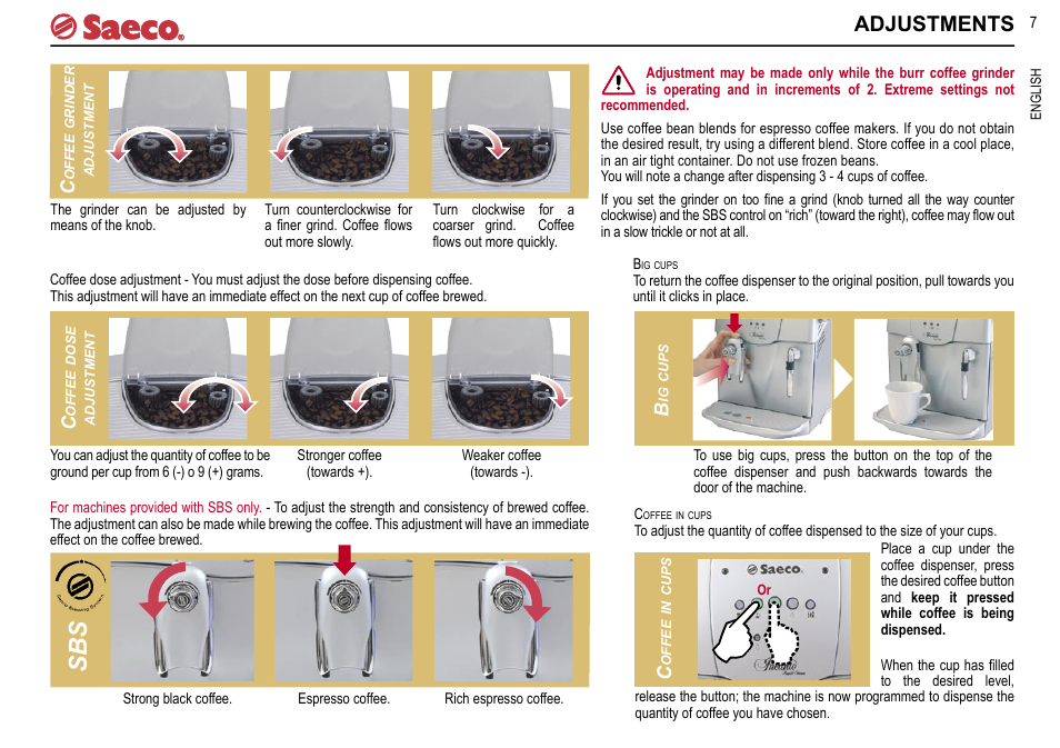 Adjustments | Philips Saeco INCANTO SUP021R User Manual | Page 7 / 16