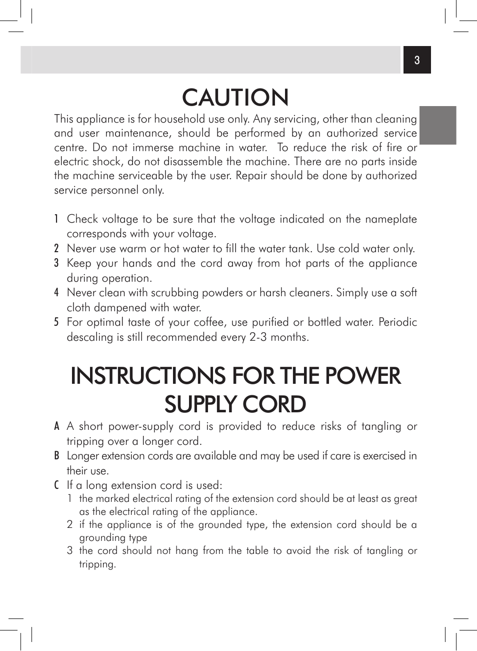 Caution, Instructions for the power supply cord | Philips Saeco Odea Giro User Manual | Page 3 / 22
