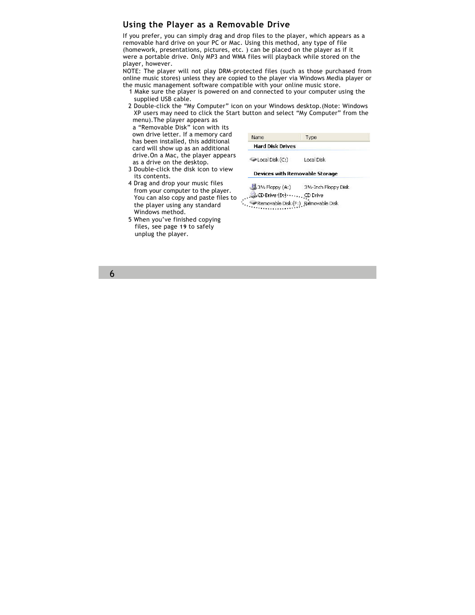 Using the player as a removable drive | Siren Players Siren 1GB User Manual | Page 18 / 43