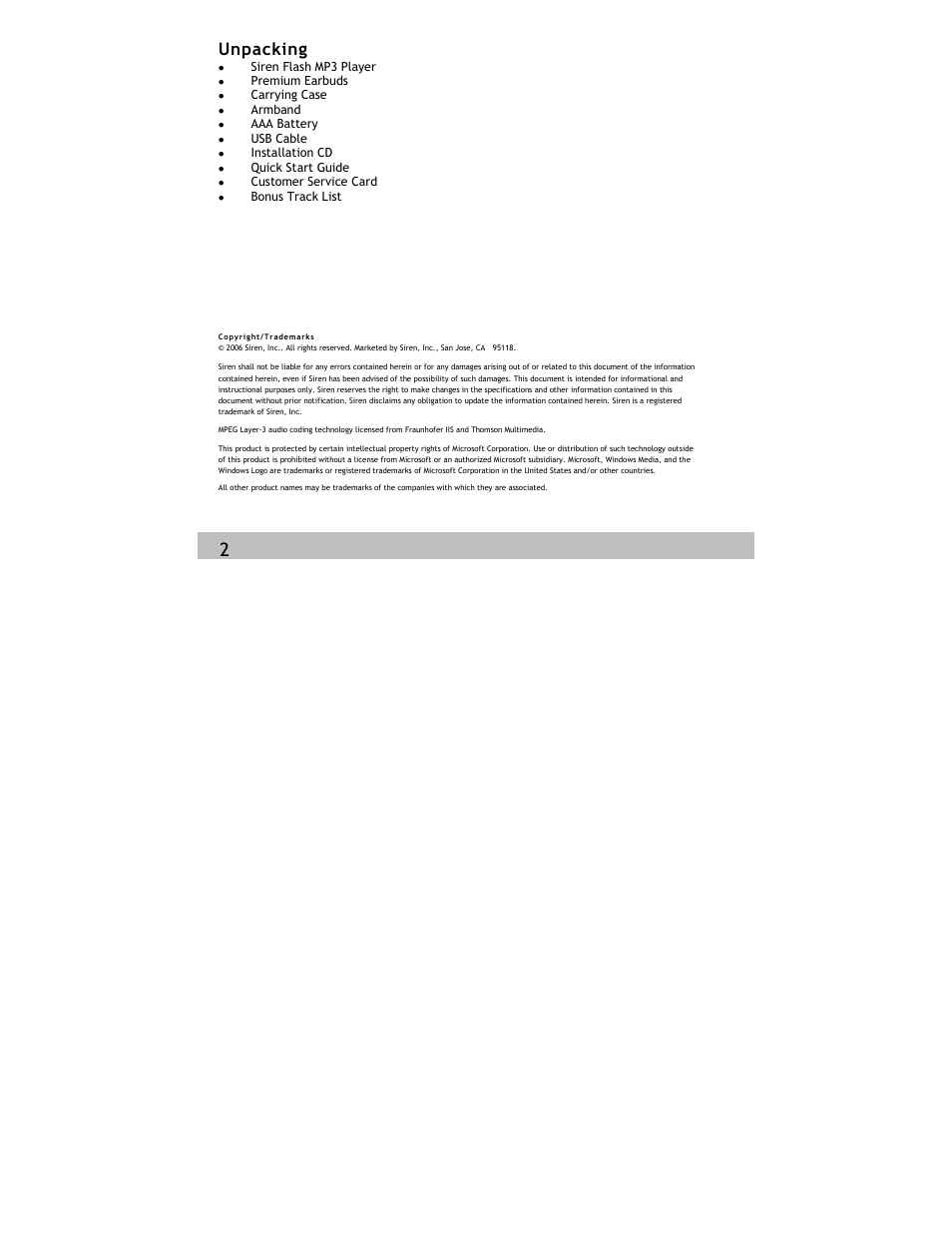 Unpacking | Siren Players Siren 1GB User Manual | Page 2 / 43