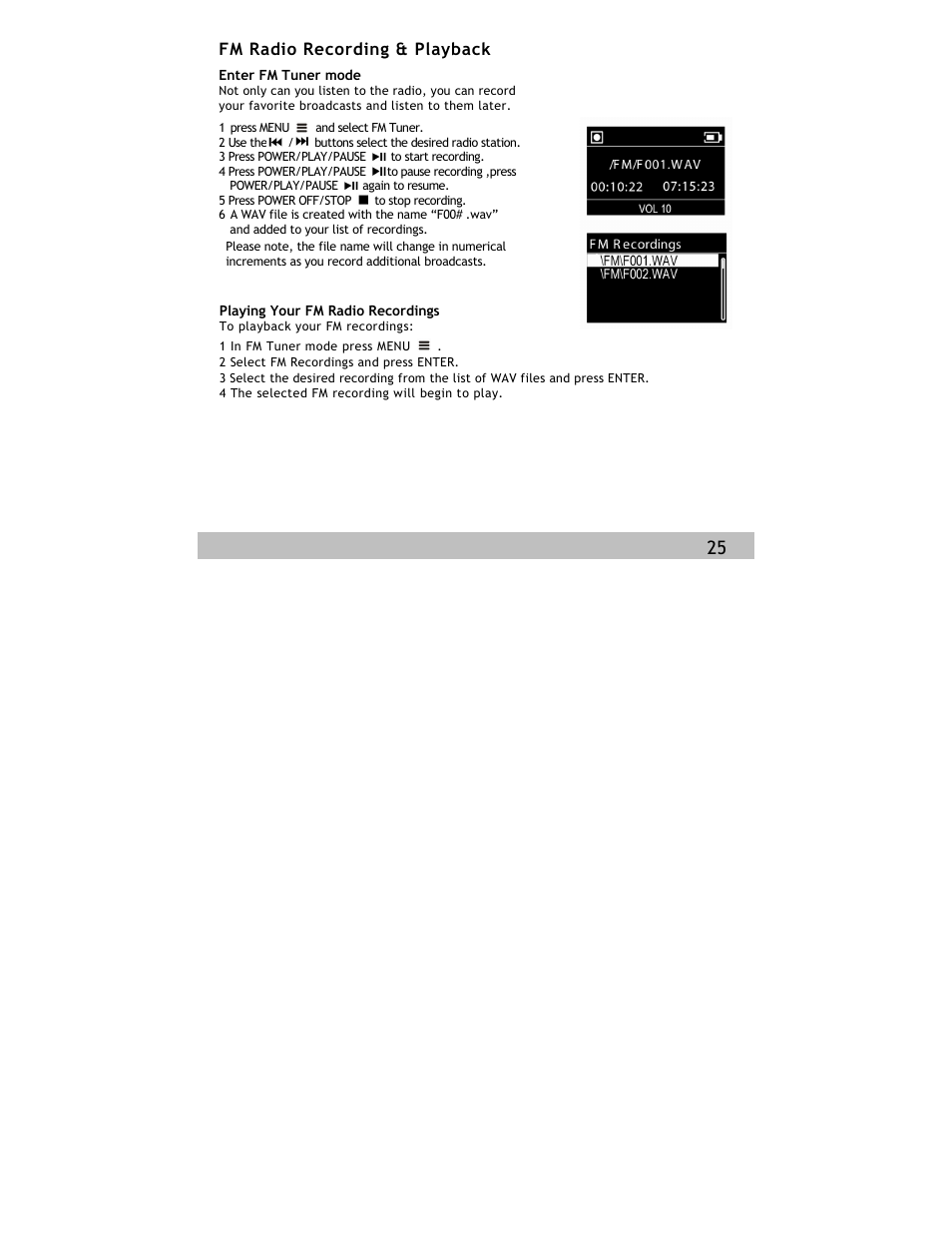 Fm radio recording & playback | Siren Players Siren 1GB User Manual | Page 25 / 43