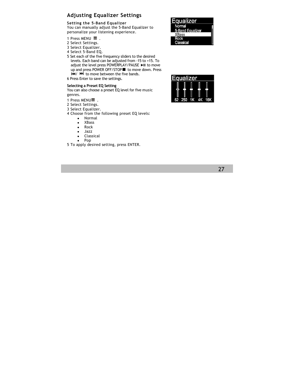 Adjusting equalizer settings | Siren Players Siren 1GB User Manual | Page 27 / 43