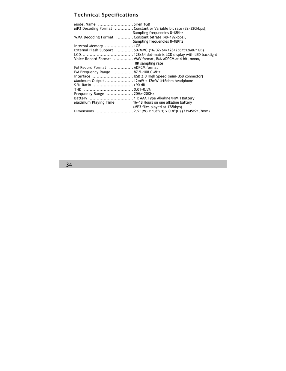 Technical specifications | Siren Players Siren 1GB User Manual | Page 34 / 43