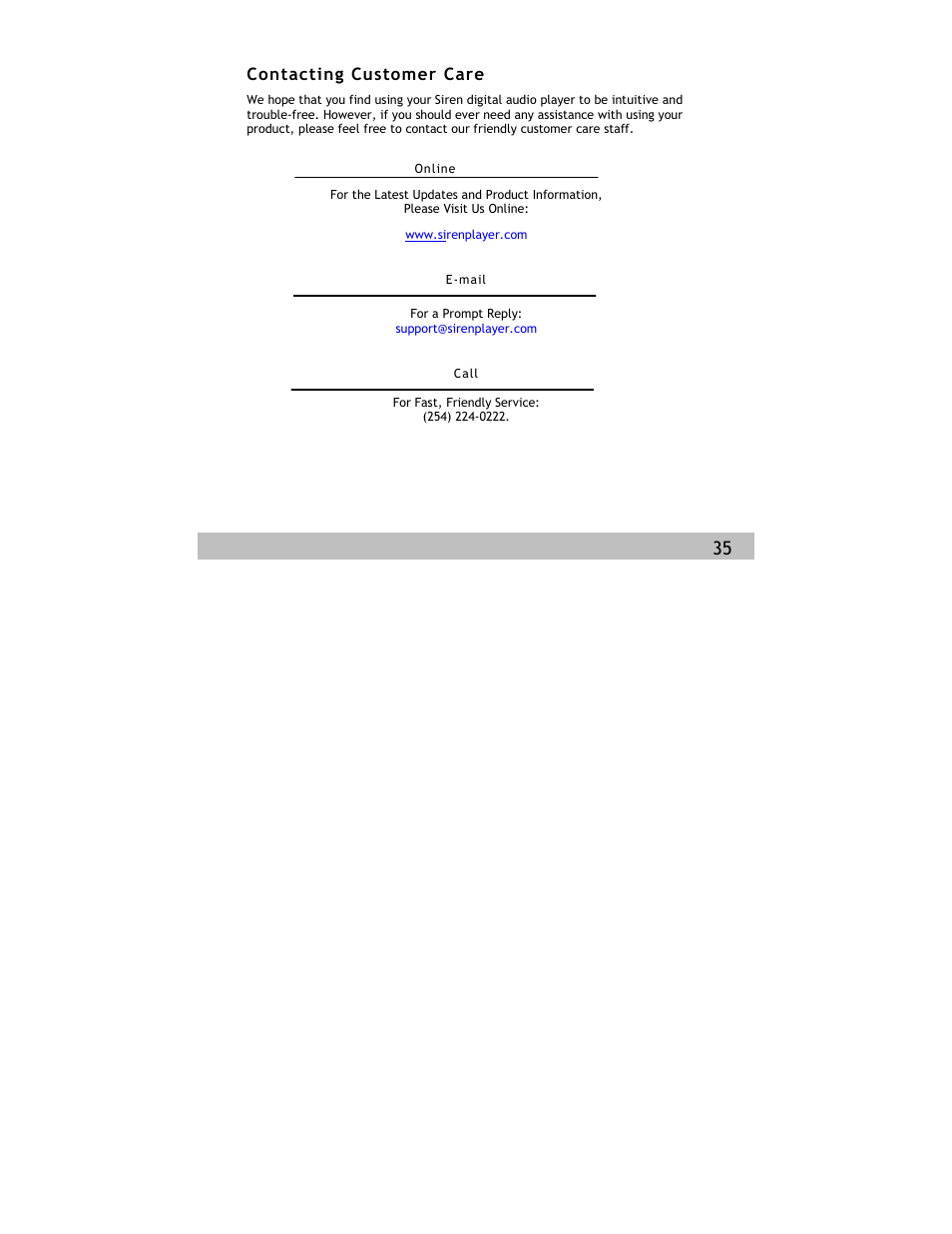 Contacting customer care | Siren Players Siren 1GB User Manual | Page 35 / 43