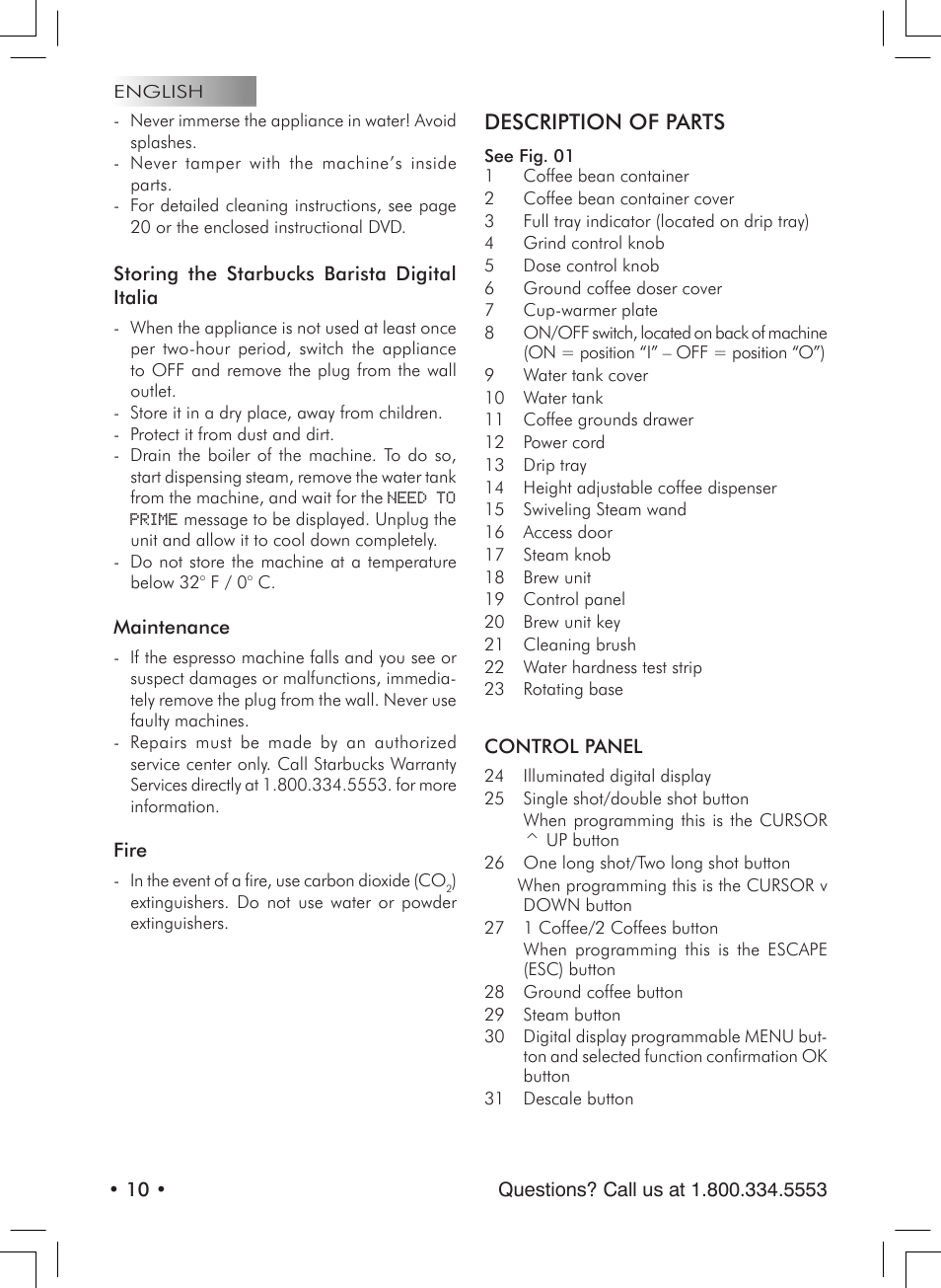 Description of parts | Starbucks Barista SUP021 YDR User Manual | Page 10 / 64