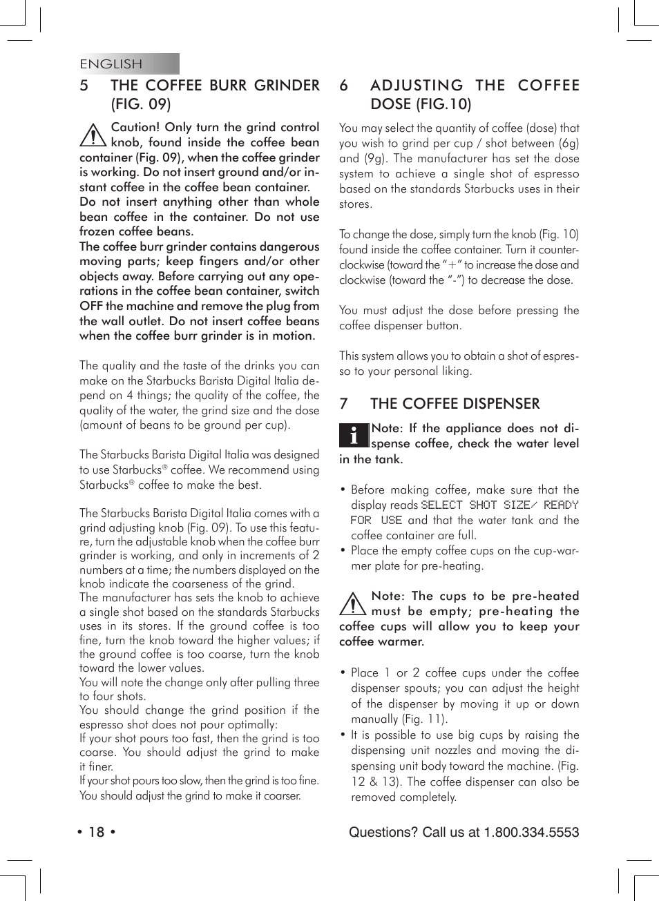 5 the coffee burr grinder (fig. 09), 6 adjusting the coffee dose (fig.10), 7 the coffee dispenser | Starbucks Barista SUP021 YDR User Manual | Page 18 / 64