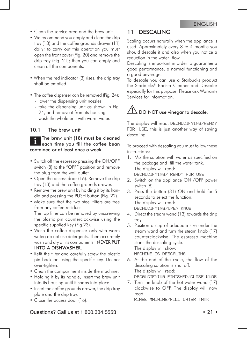 11 descaling | Starbucks Barista SUP021 YDR User Manual | Page 21 / 64