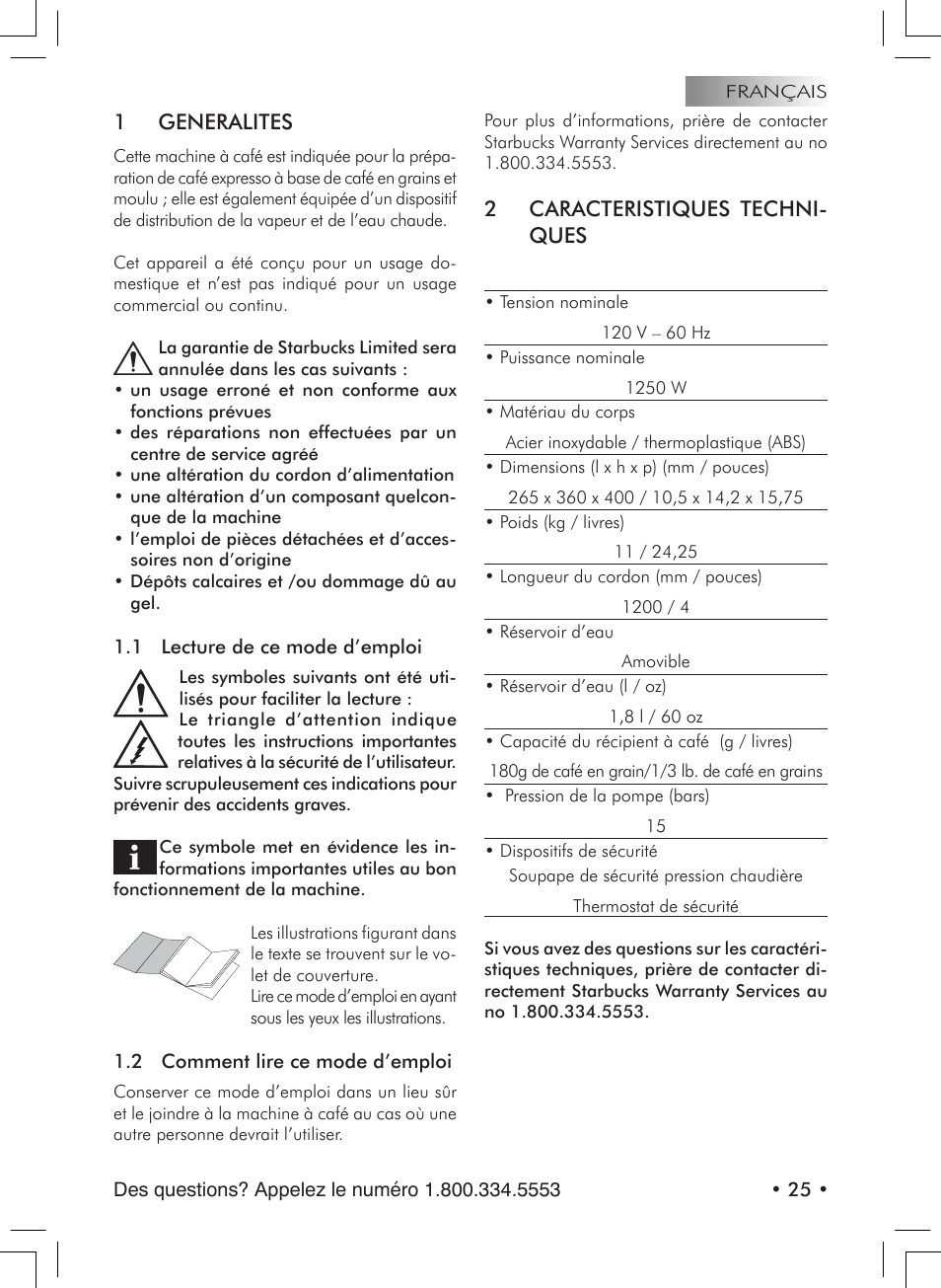1 generalites, 2 caracteristiques techni- ques | Starbucks Barista SUP021 YDR User Manual | Page 25 / 64