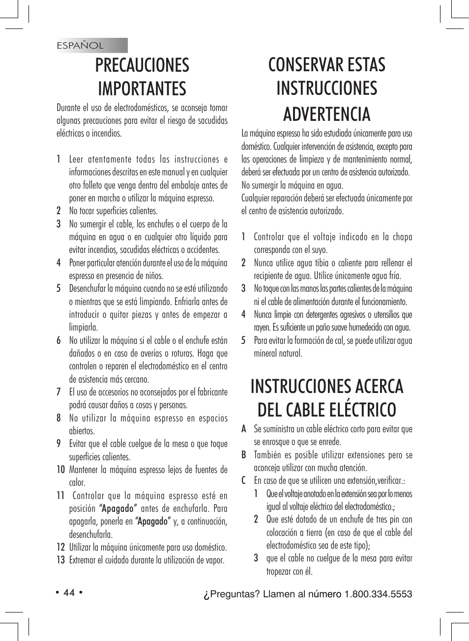 Precauciones importantes, Conservar estas instrucciones advertencia, Instrucciones acerca del cable eléctrico | Starbucks Barista SUP021 YDR User Manual | Page 44 / 64