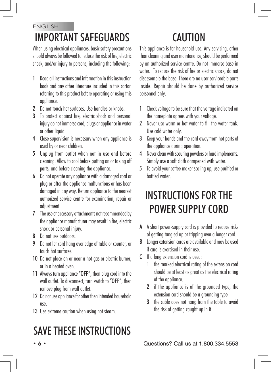 Important safeguards, Save these instructions caution, Instructions for the power supply cord | Starbucks Barista SUP021 YDR User Manual | Page 6 / 64