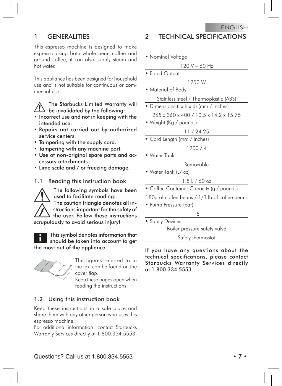 1 generalities, 2 technical specifications | Starbucks Barista SUP021 YDR User Manual | Page 7 / 64