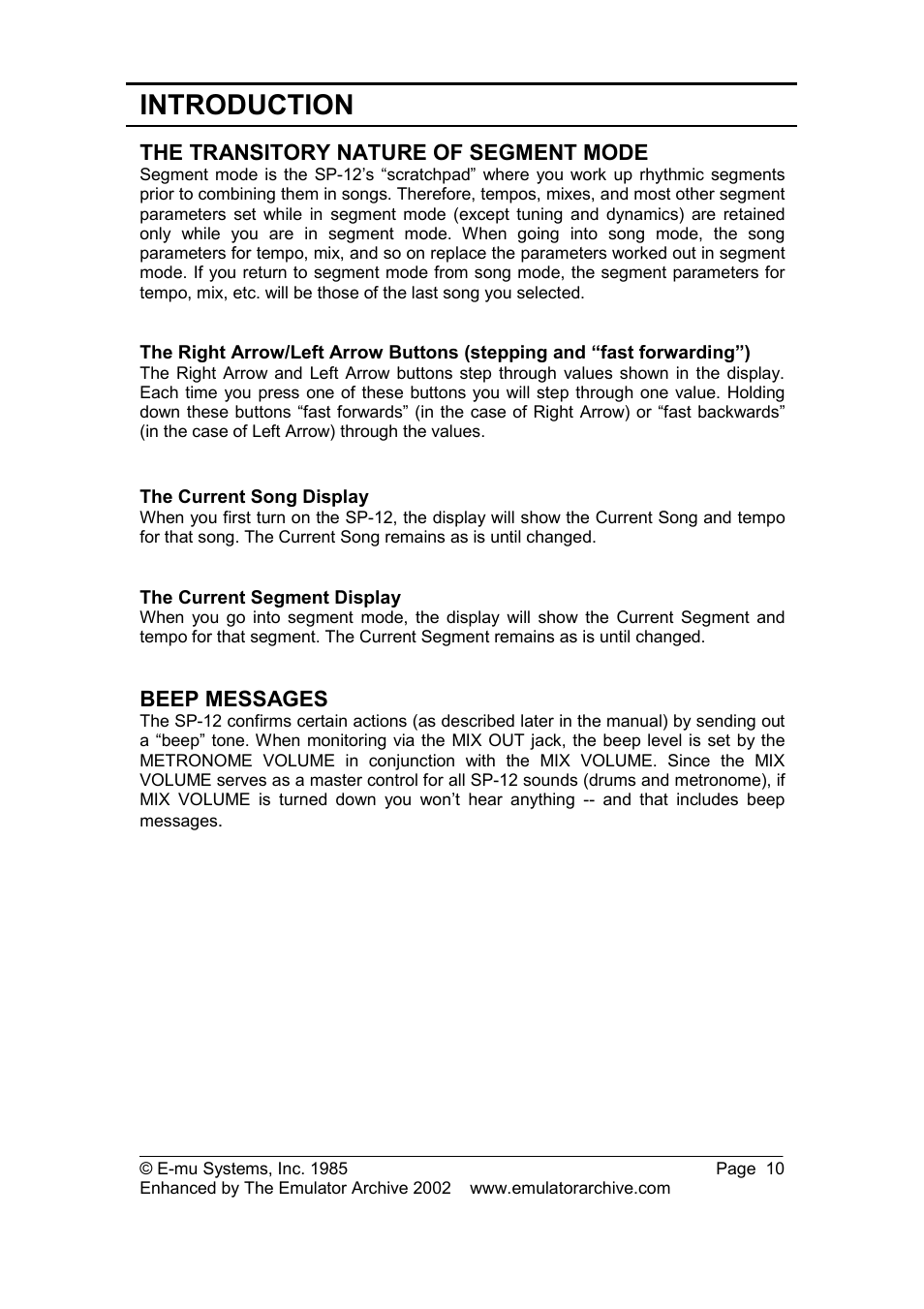 The transitory nature of segment mode, The current song display, The current segment display | Beep messages, Introduction | SP Studio Systems SP-12 User Manual | Page 10 / 99