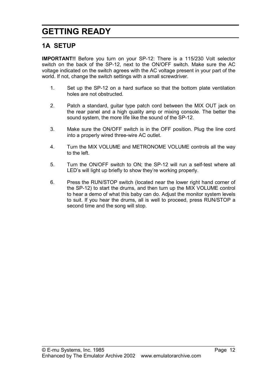 1a setup, Getting ready | SP Studio Systems SP-12 User Manual | Page 12 / 99