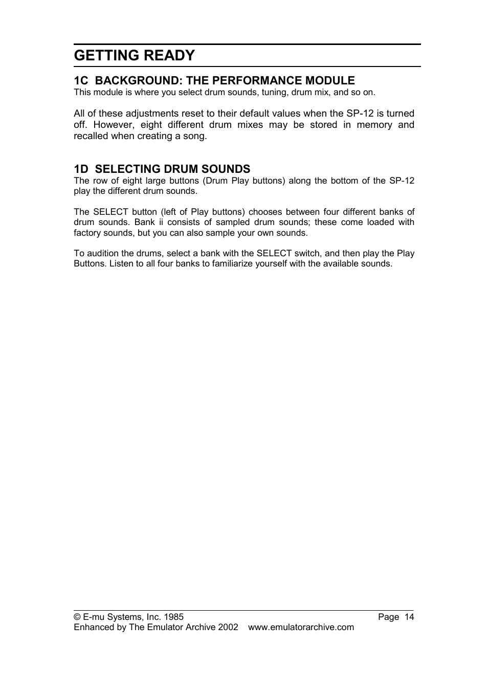 1c background: the performance module, 1d selecting drum sounds, Getting ready | SP Studio Systems SP-12 User Manual | Page 14 / 99