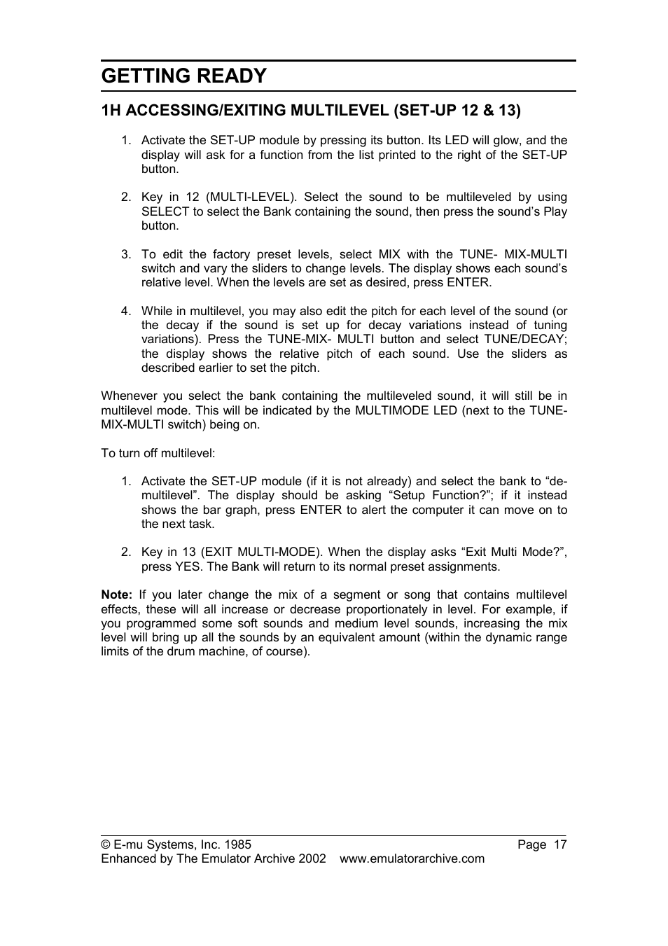 1h accessing/exiting multilevel (set-up 12 & 13), Getting ready | SP Studio Systems SP-12 User Manual | Page 17 / 99