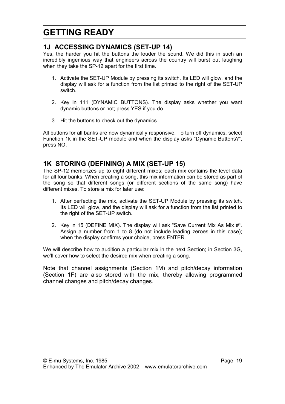 1j accessing dynamics (set-up 14), 1k storing (defining) a mix (set-up 15), Getting ready | SP Studio Systems SP-12 User Manual | Page 19 / 99