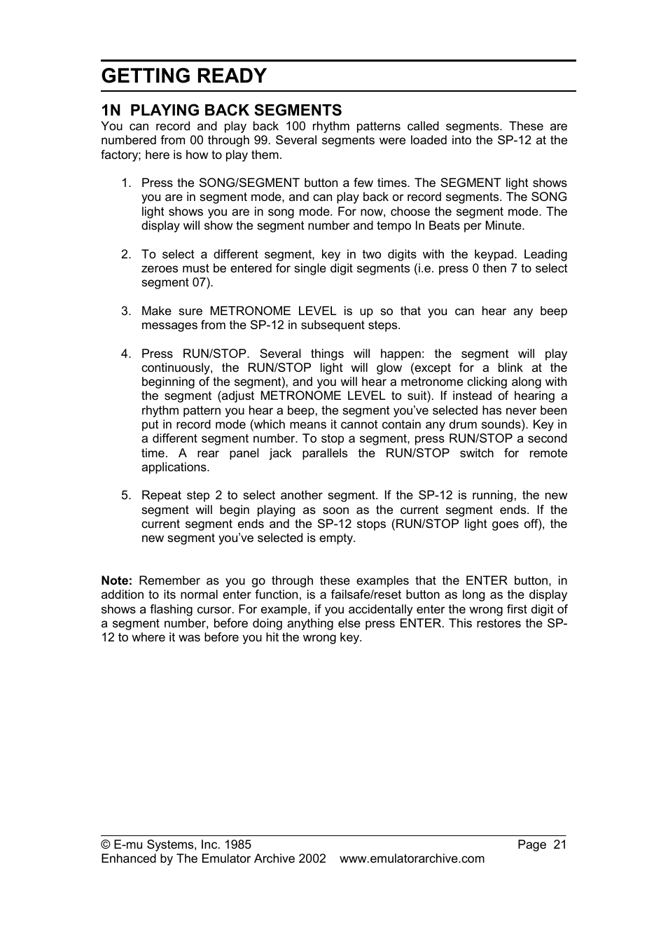 1n playing back segments, Getting ready | SP Studio Systems SP-12 User Manual | Page 21 / 99