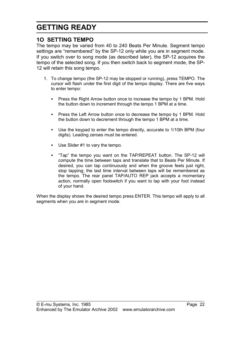 1o setting tempo, Getting ready | SP Studio Systems SP-12 User Manual | Page 22 / 99