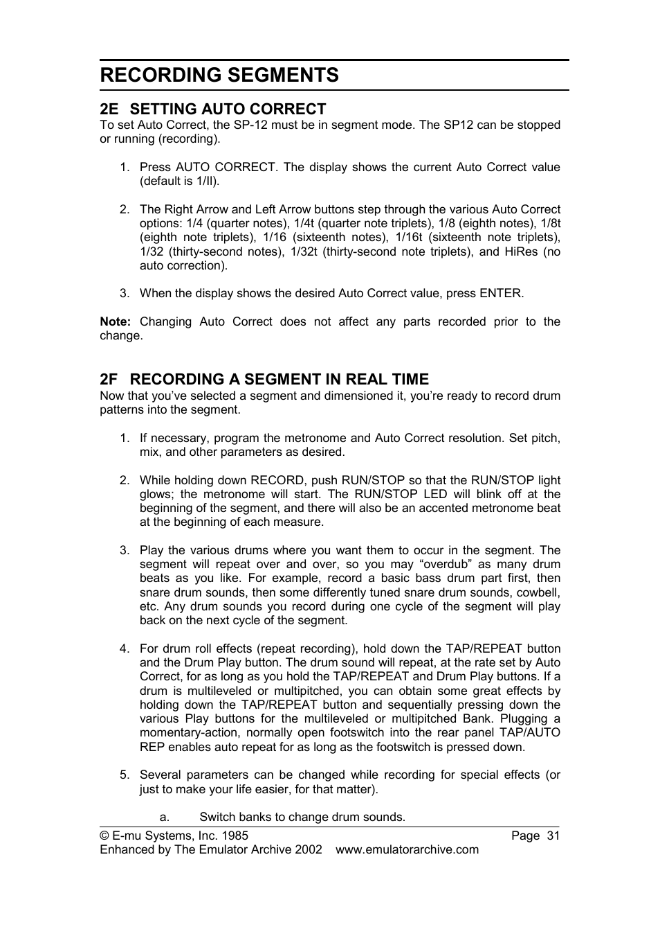 2e setting auto correct, 2f recording a segment in real time, Setting auto correct | Recording a segment in real time, Recording segments | SP Studio Systems SP-12 User Manual | Page 31 / 99