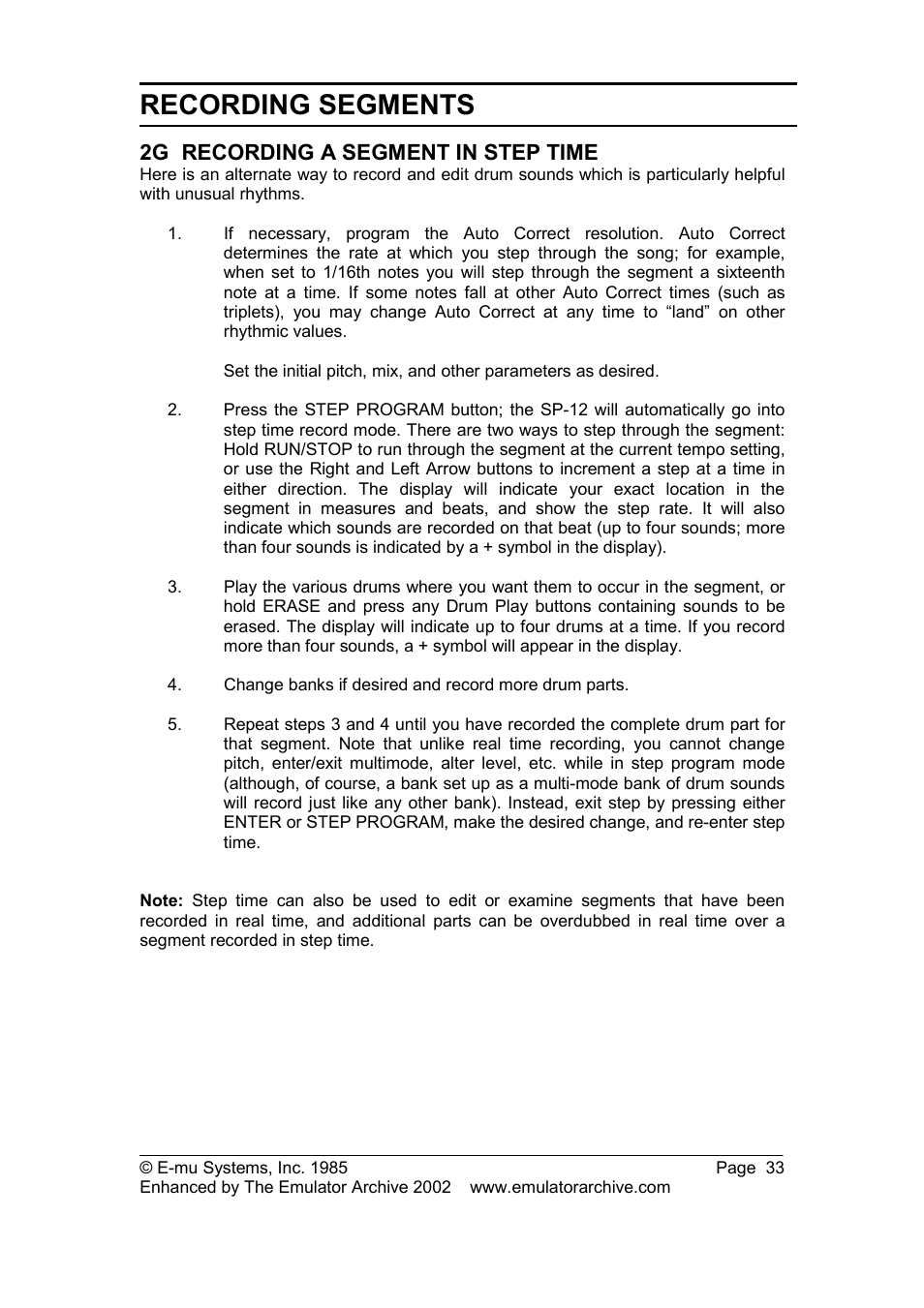 2g recording a segment in step time, Recording a segment in step time, Recording segments | SP Studio Systems SP-12 User Manual | Page 33 / 99