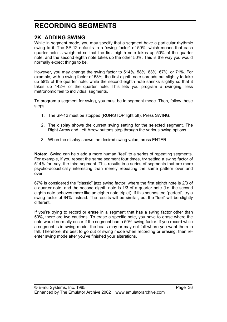 2k adding swing, Adding swing, Recording segments | SP Studio Systems SP-12 User Manual | Page 36 / 99
