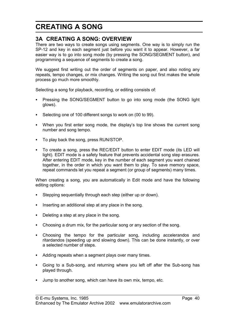 3a creating a song: overview, Creating a song: overview, Creating a song | SP Studio Systems SP-12 User Manual | Page 40 / 99