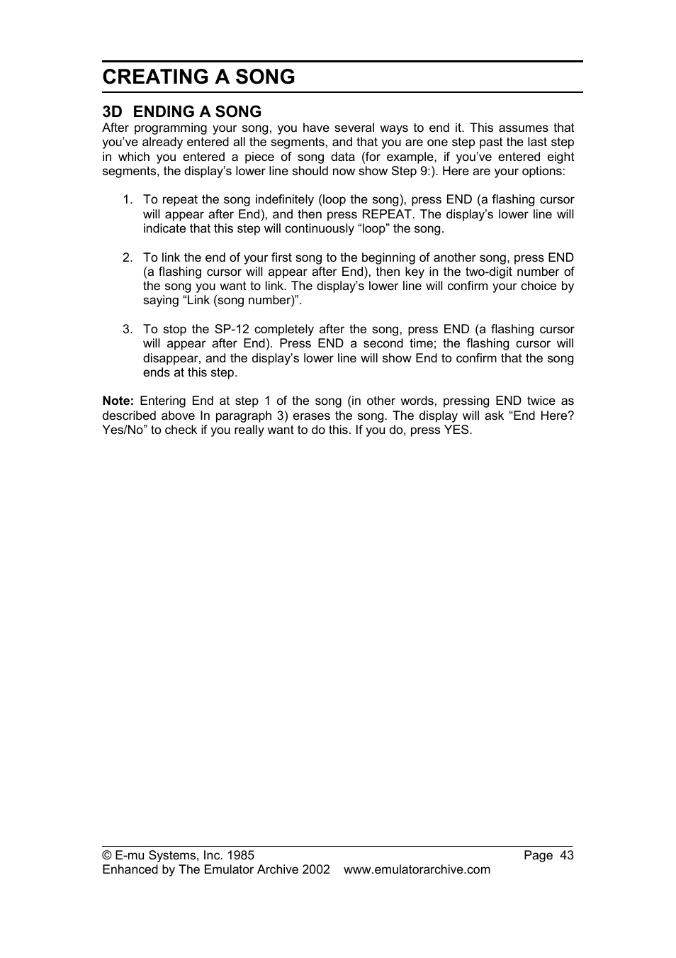 3d ending a song, Ending a song, Creating a song | SP Studio Systems SP-12 User Manual | Page 43 / 99