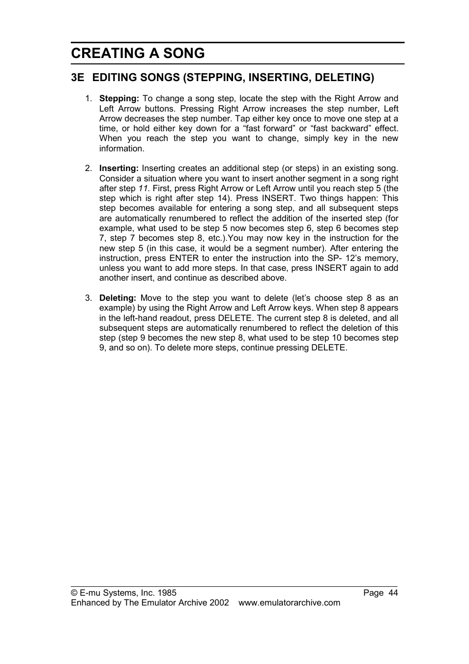 3e editing songs (stepping, inserting, deleting), Editing songs (stepping, inserting, deleting), Creating a song | SP Studio Systems SP-12 User Manual | Page 44 / 99