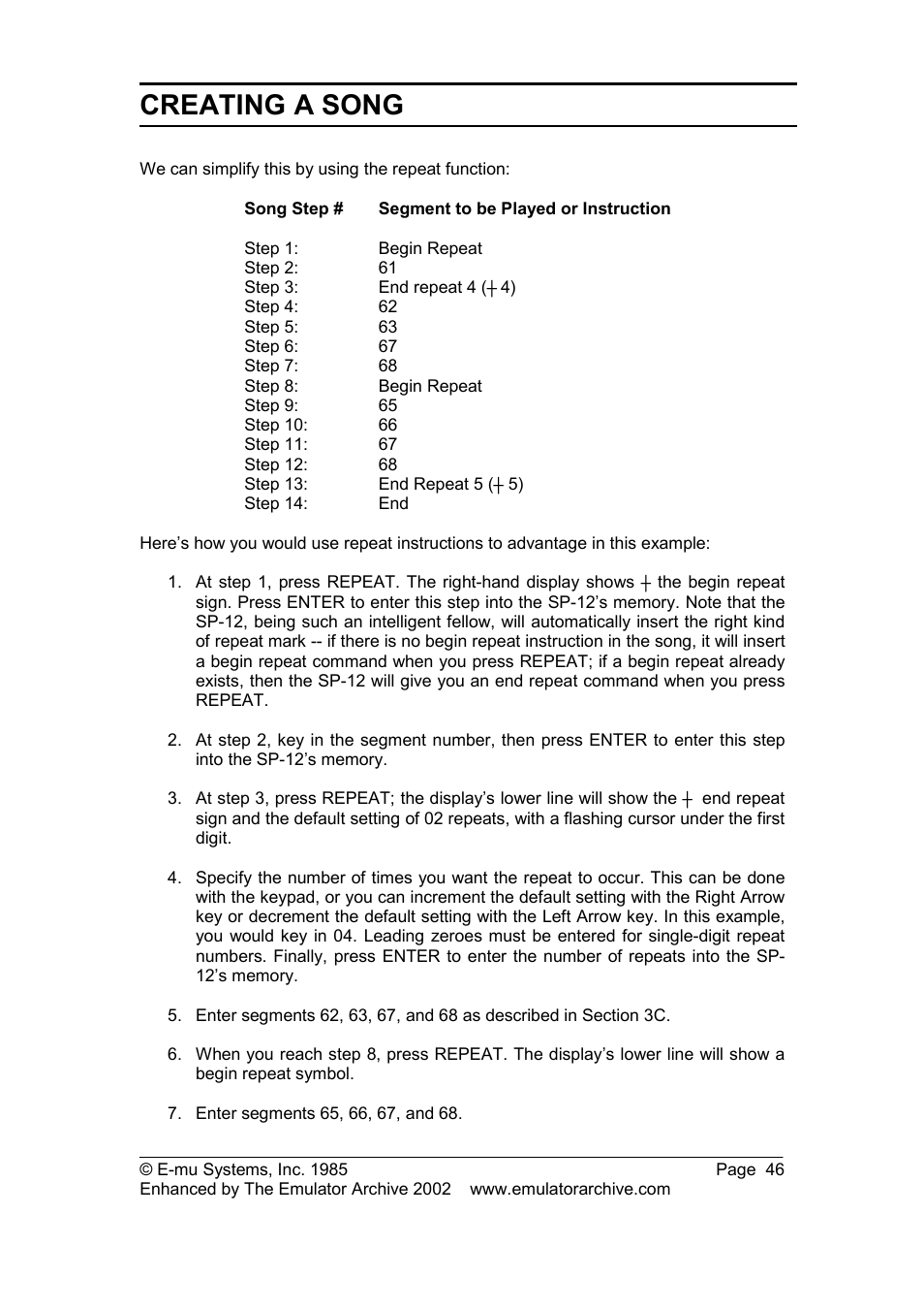 Song step, Creating a song | SP Studio Systems SP-12 User Manual | Page 46 / 99