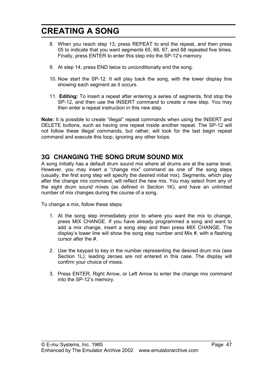 3g changing the song drum sound mix, Changing the song drum sound mix, Creating a song | SP Studio Systems SP-12 User Manual | Page 47 / 99