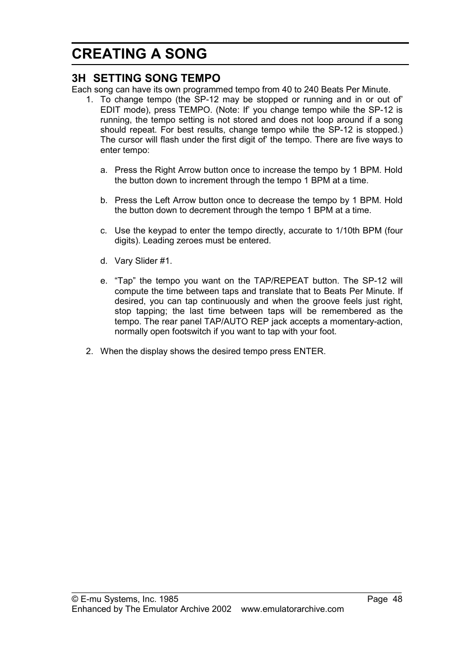 3h setting song tempo, Setting song tempo, Creating a song | SP Studio Systems SP-12 User Manual | Page 48 / 99