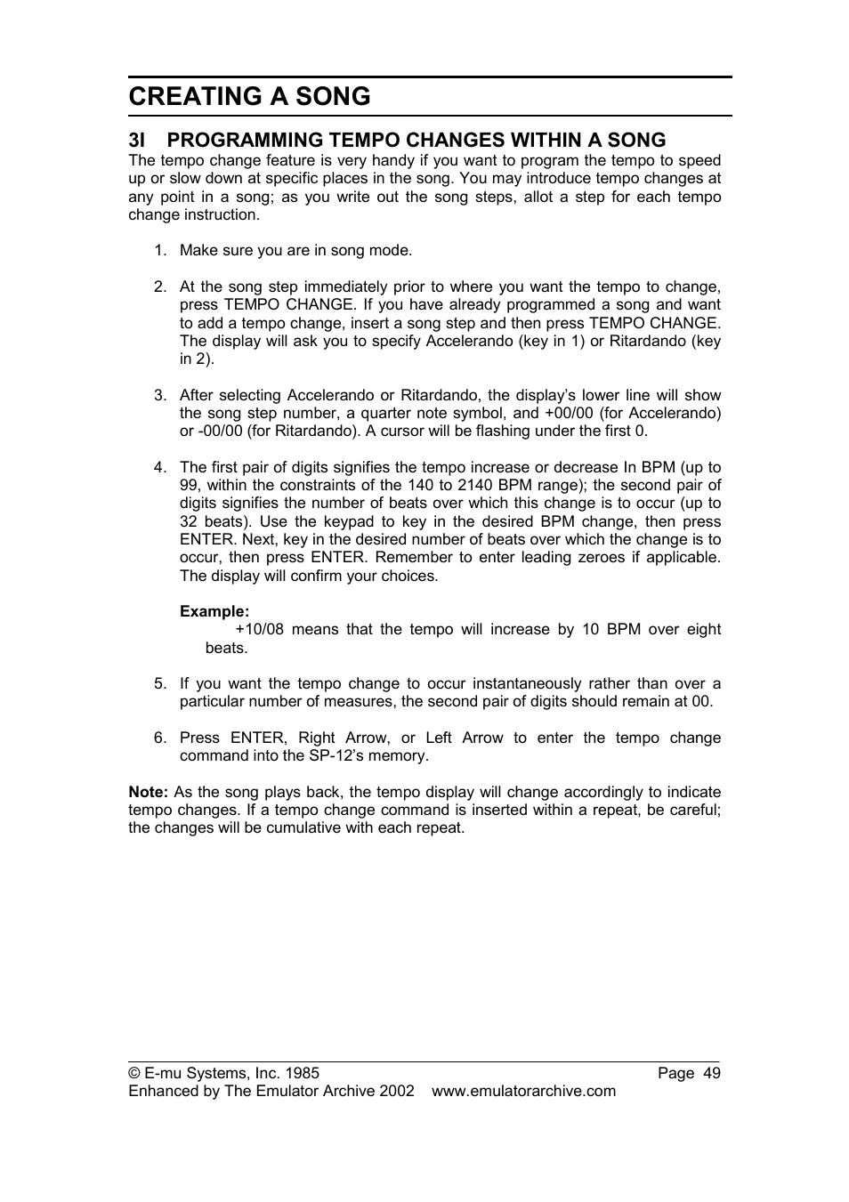 3i programming tempo changes within a song, Programming tempo changes within a song, Creating a song | SP Studio Systems SP-12 User Manual | Page 49 / 99
