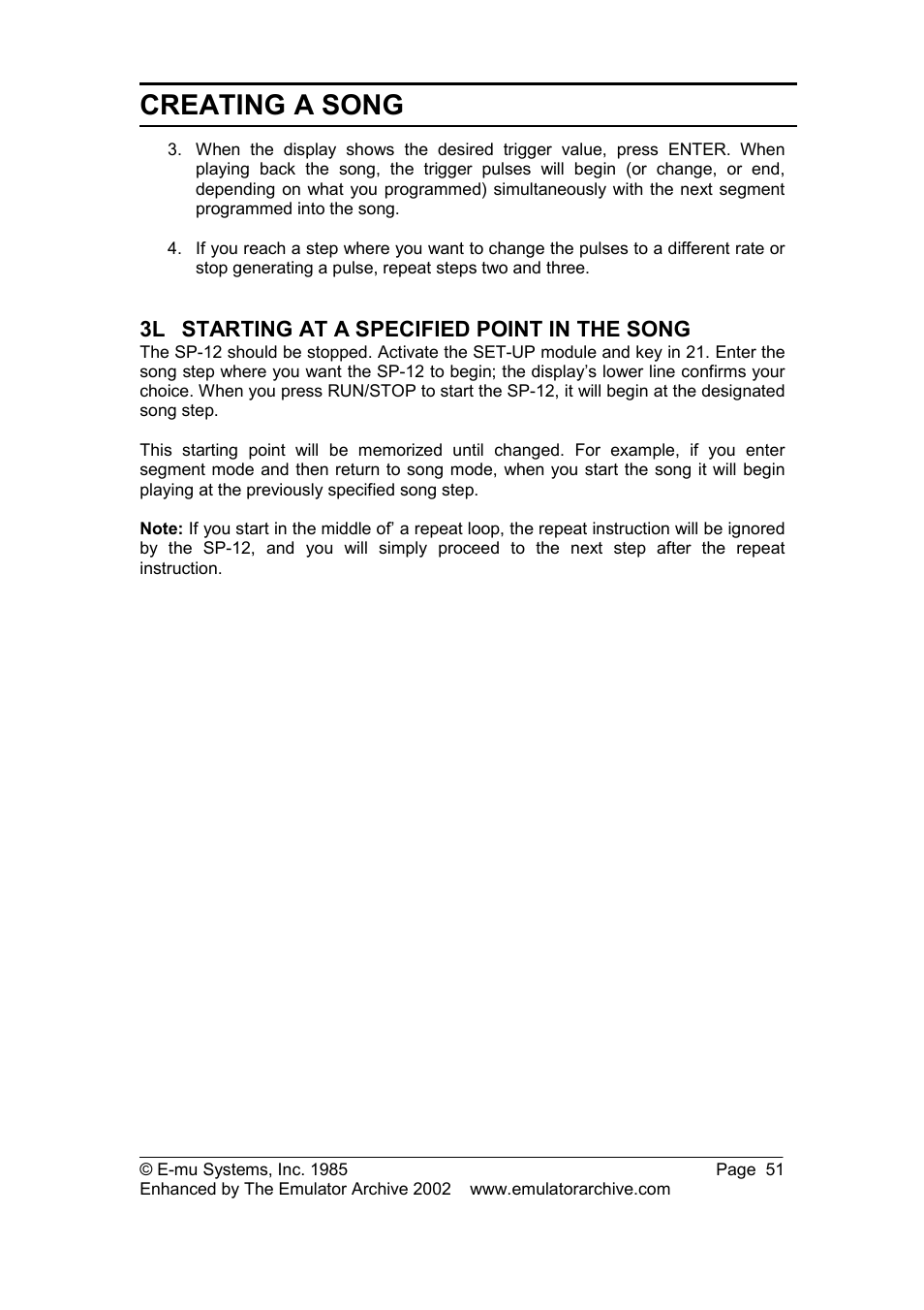 3l starting at a specified point in the song, Starting at a specified point in the song, Creating a song | SP Studio Systems SP-12 User Manual | Page 51 / 99