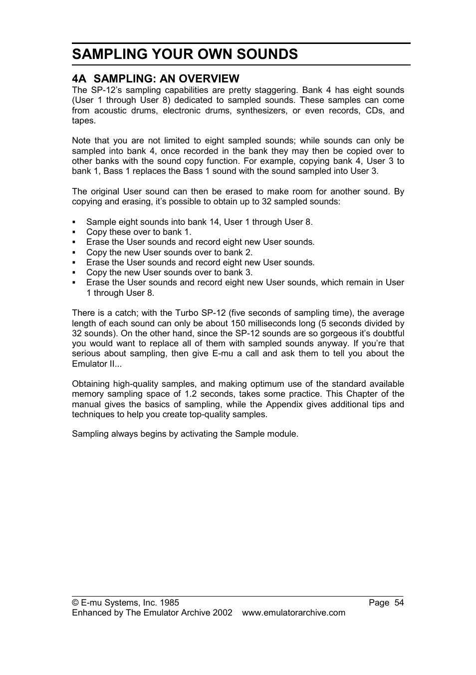 4a sampling: an overview, Sampling: an overview, Sampling your own sounds | SP Studio Systems SP-12 User Manual | Page 54 / 99