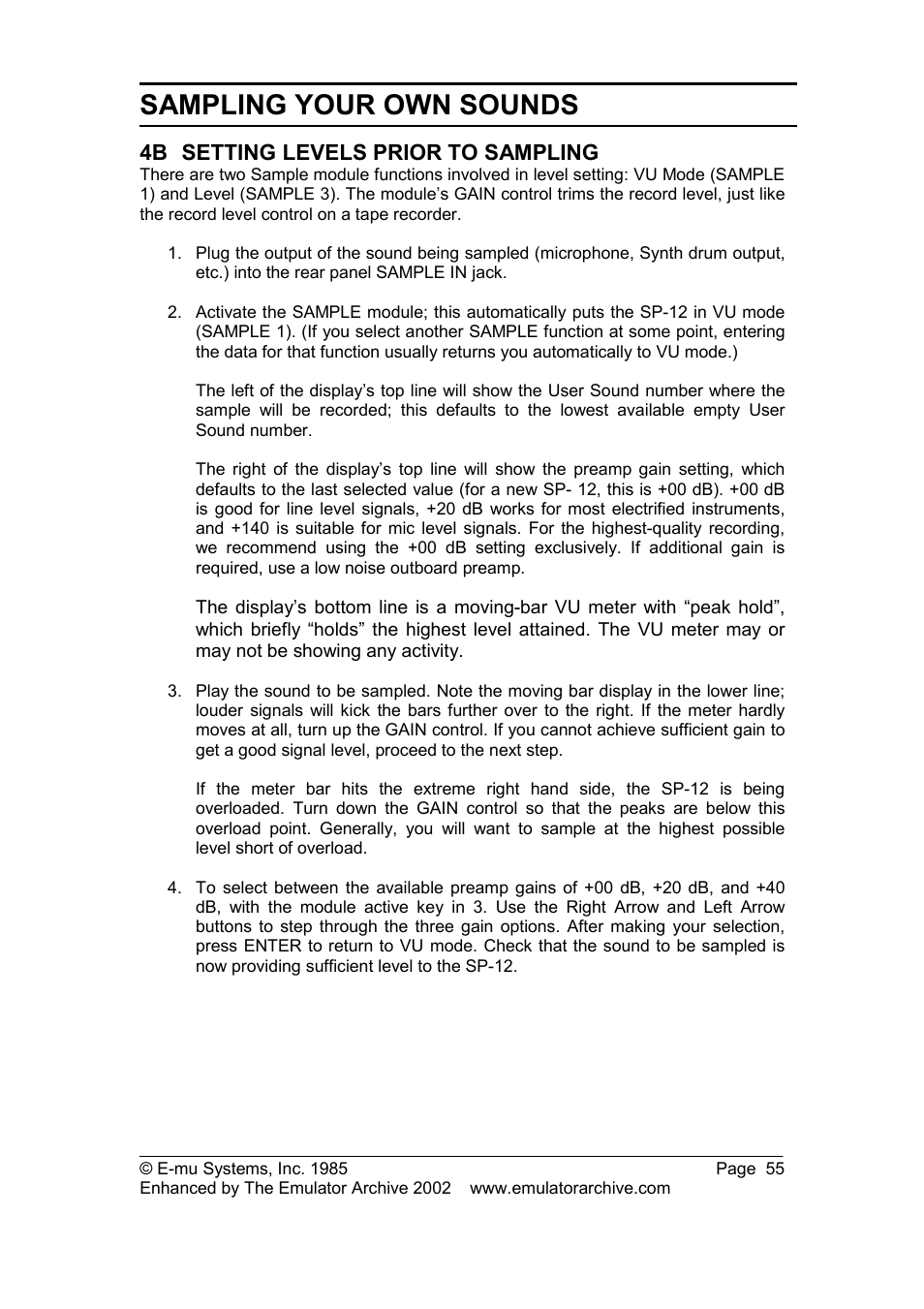 4b setting levels prior to sampling, Setting levels prior to sampling, Sampling your own sounds | SP Studio Systems SP-12 User Manual | Page 55 / 99