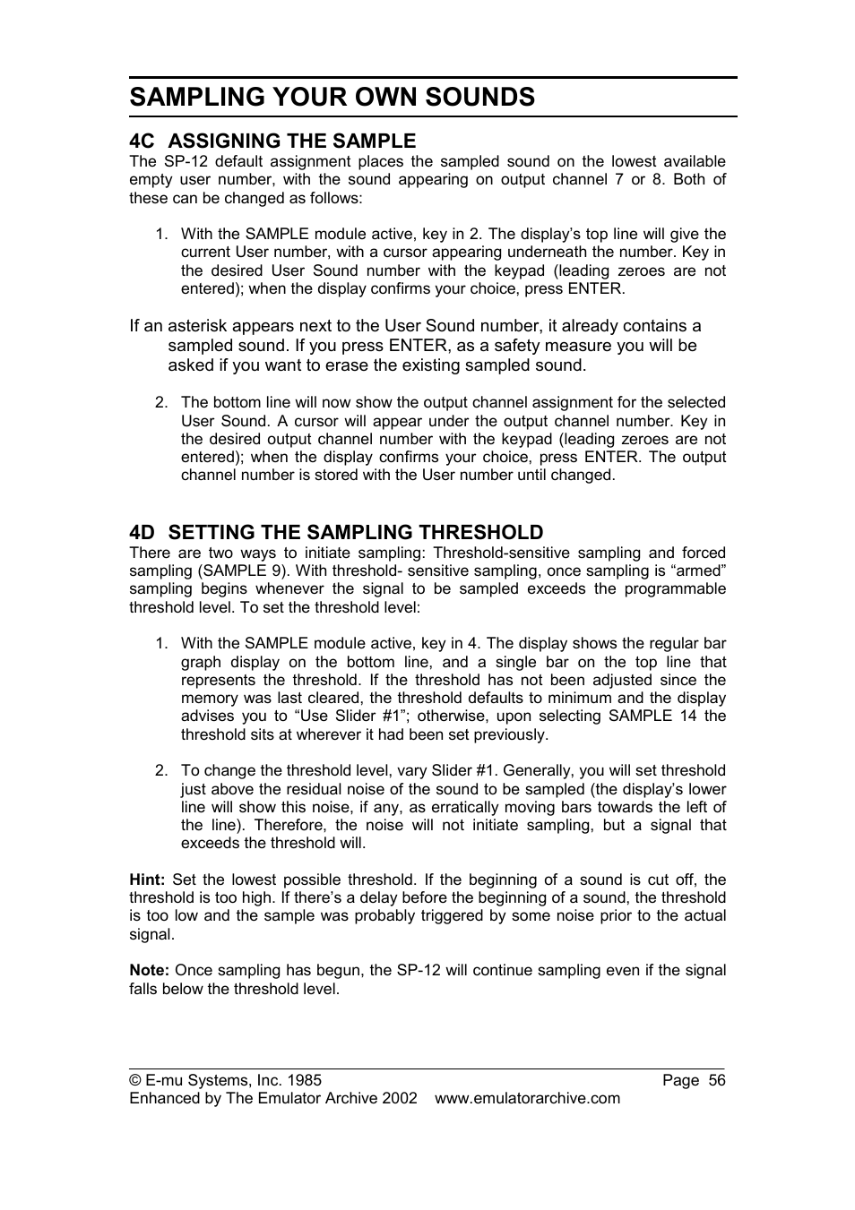 4c assigning the sample, 4d setting the sampling threshold, Assigning the sample | Setting the sampling threshold, Sampling your own sounds | SP Studio Systems SP-12 User Manual | Page 56 / 99