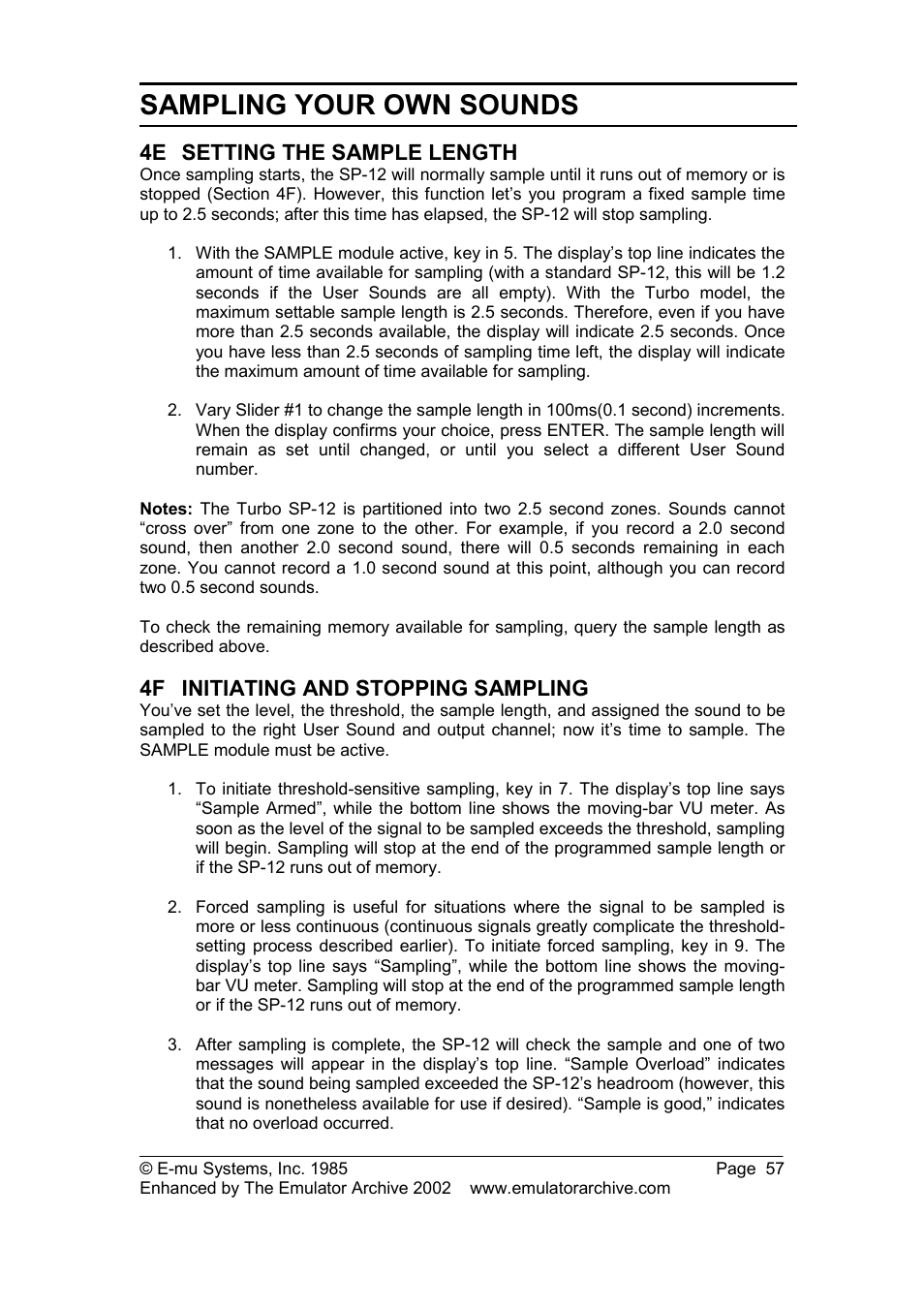4e setting the sample length, 4f initiating and stopping sampling, Setting the sample length | Initiating and stopping sampling, Sampling your own sounds | SP Studio Systems SP-12 User Manual | Page 57 / 99