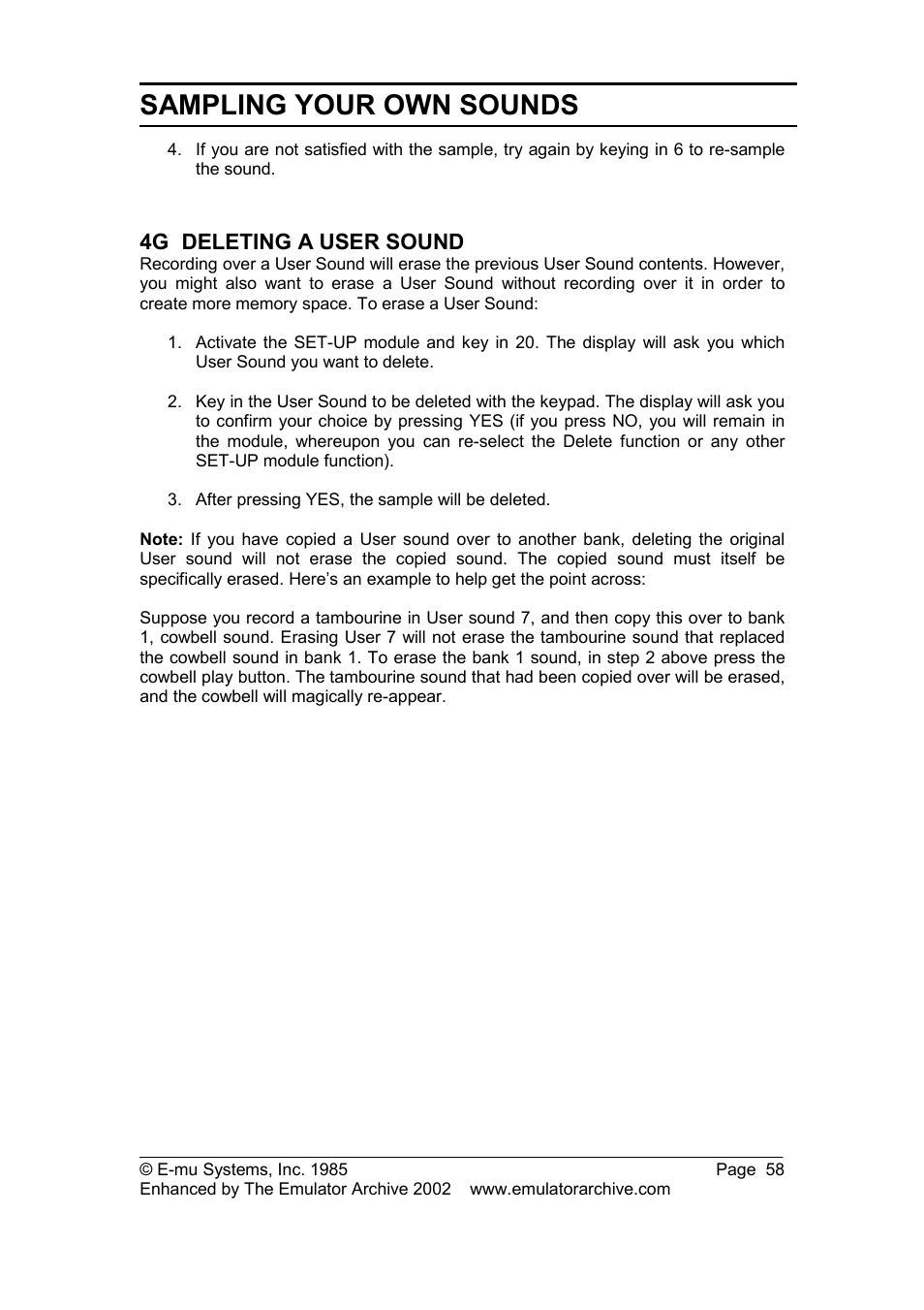 4g deleting a user sound, Deleting a user sound, Sampling your own sounds | SP Studio Systems SP-12 User Manual | Page 58 / 99