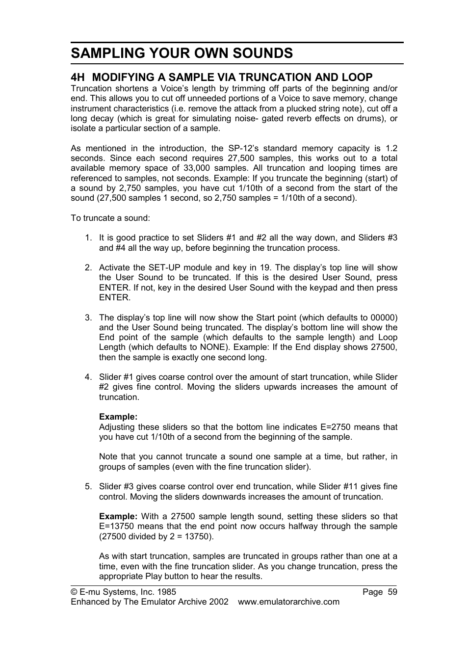4h modifying a sample via truncation and loop, Modifying a sample via truncation and loop, Sampling your own sounds | SP Studio Systems SP-12 User Manual | Page 59 / 99